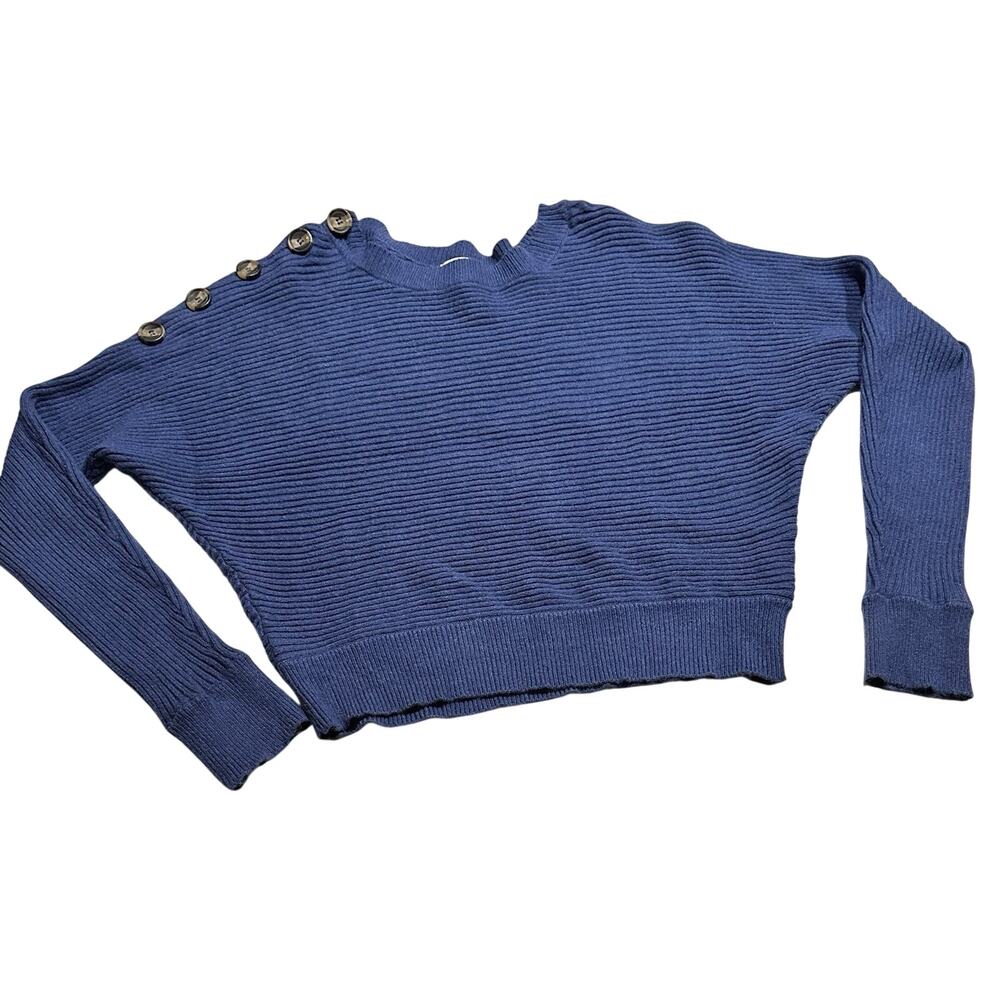 Poof Apparel Women Size Large Blue Knit Pullover Sweater Shoulder Button Cropped